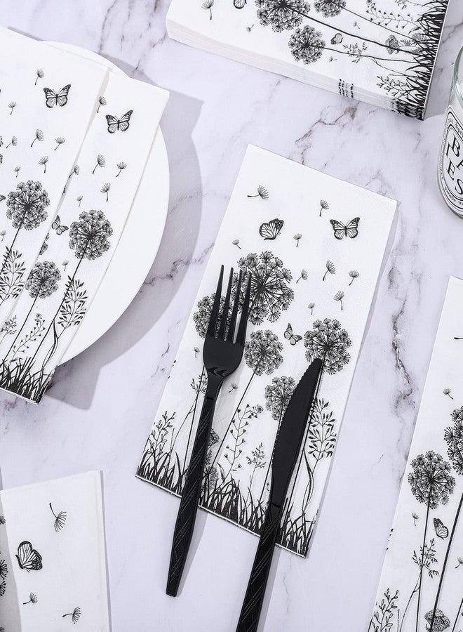 Whaline 100 Pack Dandelion Guest Napkins 2 Ply Black White Disposable Paper Napkins Floral Butterfly Paper Hand Towels for Wedding Baby Shower Party Supplies Kitchen Bathroom Table Decor - Image 4